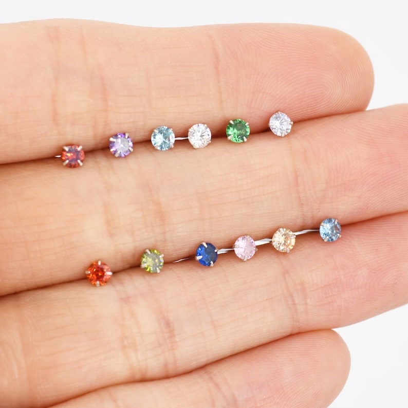 Sterling Silver Tiny Birthstone Stud Earrings, 3mm Birthstone CZ Earrings, Stacking Earrings zdjęcie 6