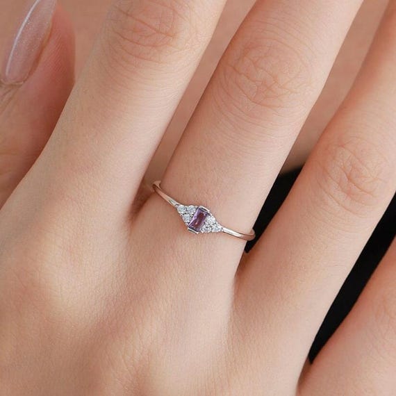 Vintage Inspired Lilac Purple CZ Ring in Sterling Silver, Baguette Ring, Silver or Gold, Delicate Sapphire Ring, Size US 5 - 8