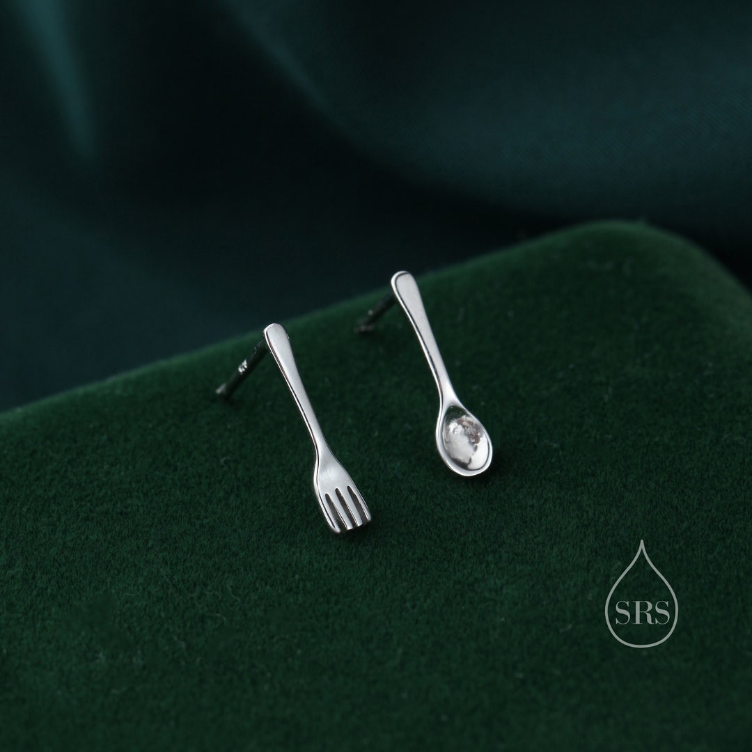 Mismatched Fork and Spoon Stud Earrings in Sterling Silver, Silver