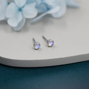 Moonstone Stud Earrings in Sterling Silver, Bezel, Aurora Stone Stud Earrings, 3mm Aurora Crystal Dot Earrings zdjęcie 2