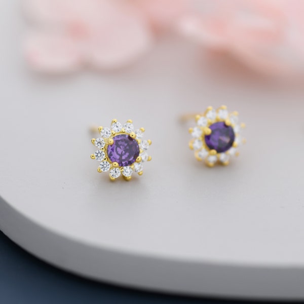 Amethyst Flower Stud Earrings in Sterling Silver, Gold over Silver, Simulated Amethyst Purple CZ Earrings, Purple CZ Flower Earrings, Halo