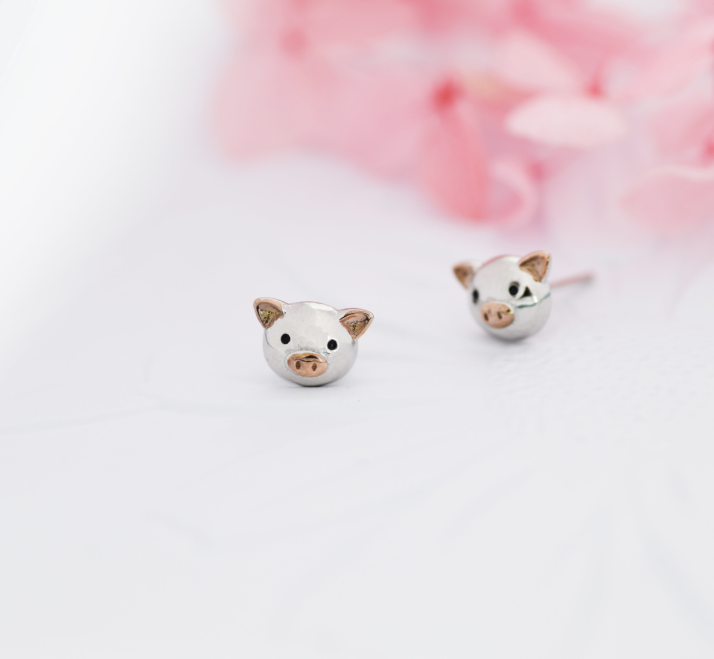 Cute Little Pig Stud Earrings in Sterling Silver - Silver and Rose Gold - Farm Animal Earrings - Whimsical and Pretty Jewellery