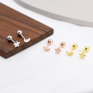 Mismatched Moon and Star Barbell Earrings in Sterling Silver, Screw back Moon and Star Earrings, Celestial Earrings image 9