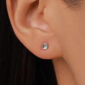 以下が含まれることがあります： 滑らかでわずかにドーム状の表面を持つ、小さな円形のシルバーのスタッドピアス。耳たぶに装着されており、光を反射する磨き上げられた金属仕上げが、シンプルで清潔感のある外観を作り出しています。