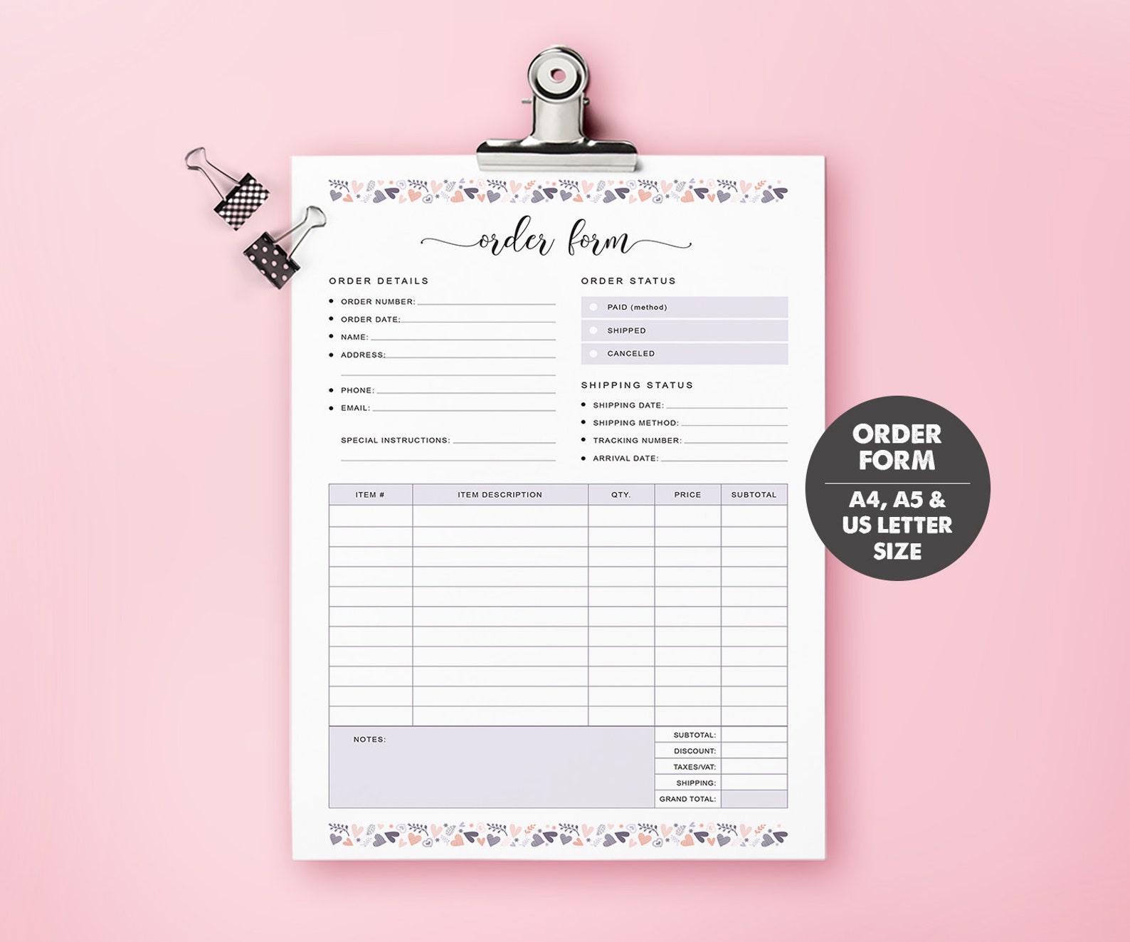 Order form template. Order status. Etsy order form. Small Etsy