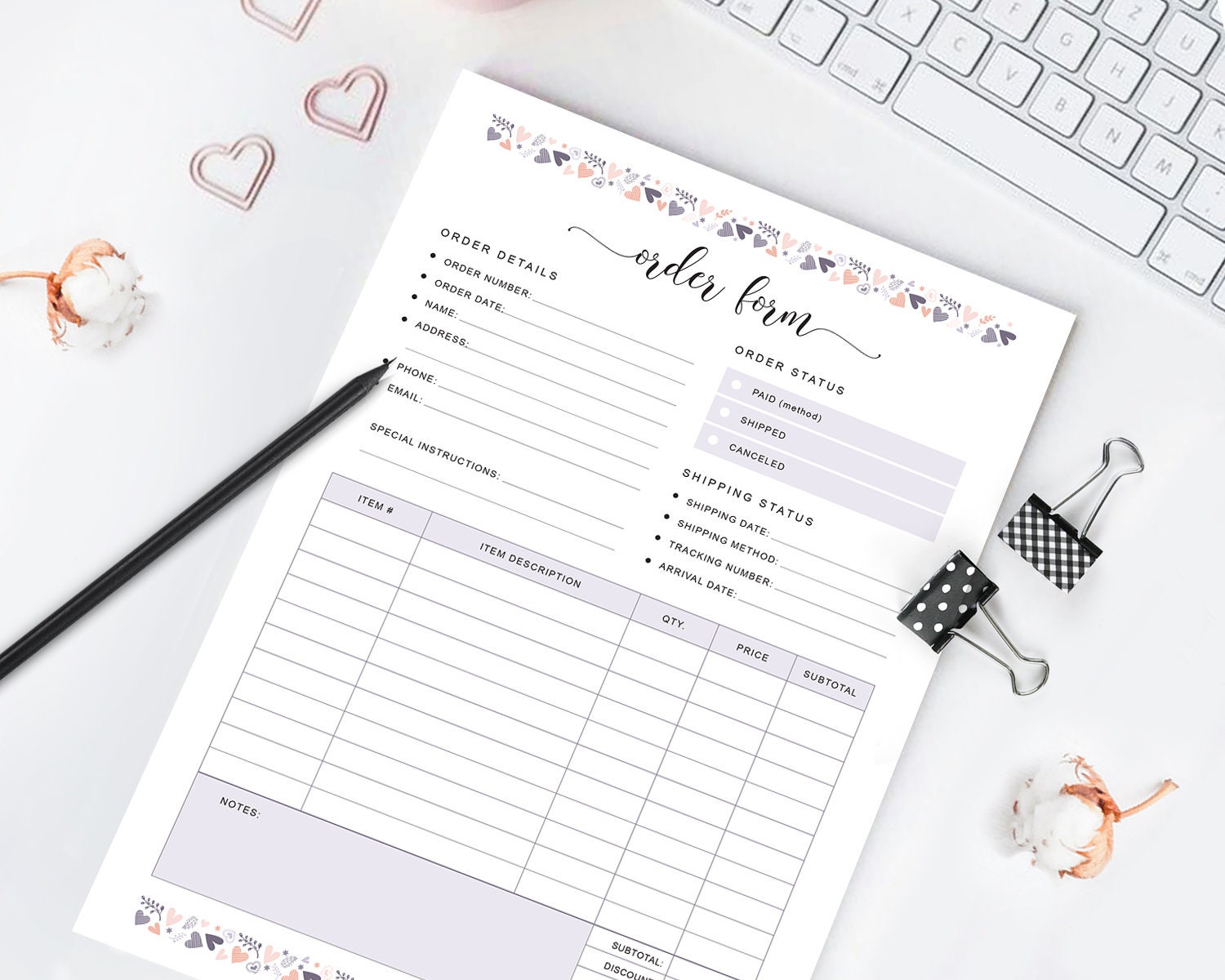 Order form template. Order status. Etsy order form. Small Etsy