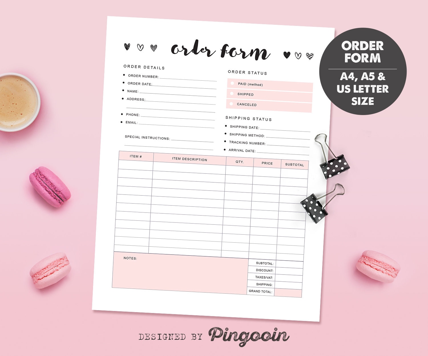 Order form template. Order status. Etsy order form. Small Etsy