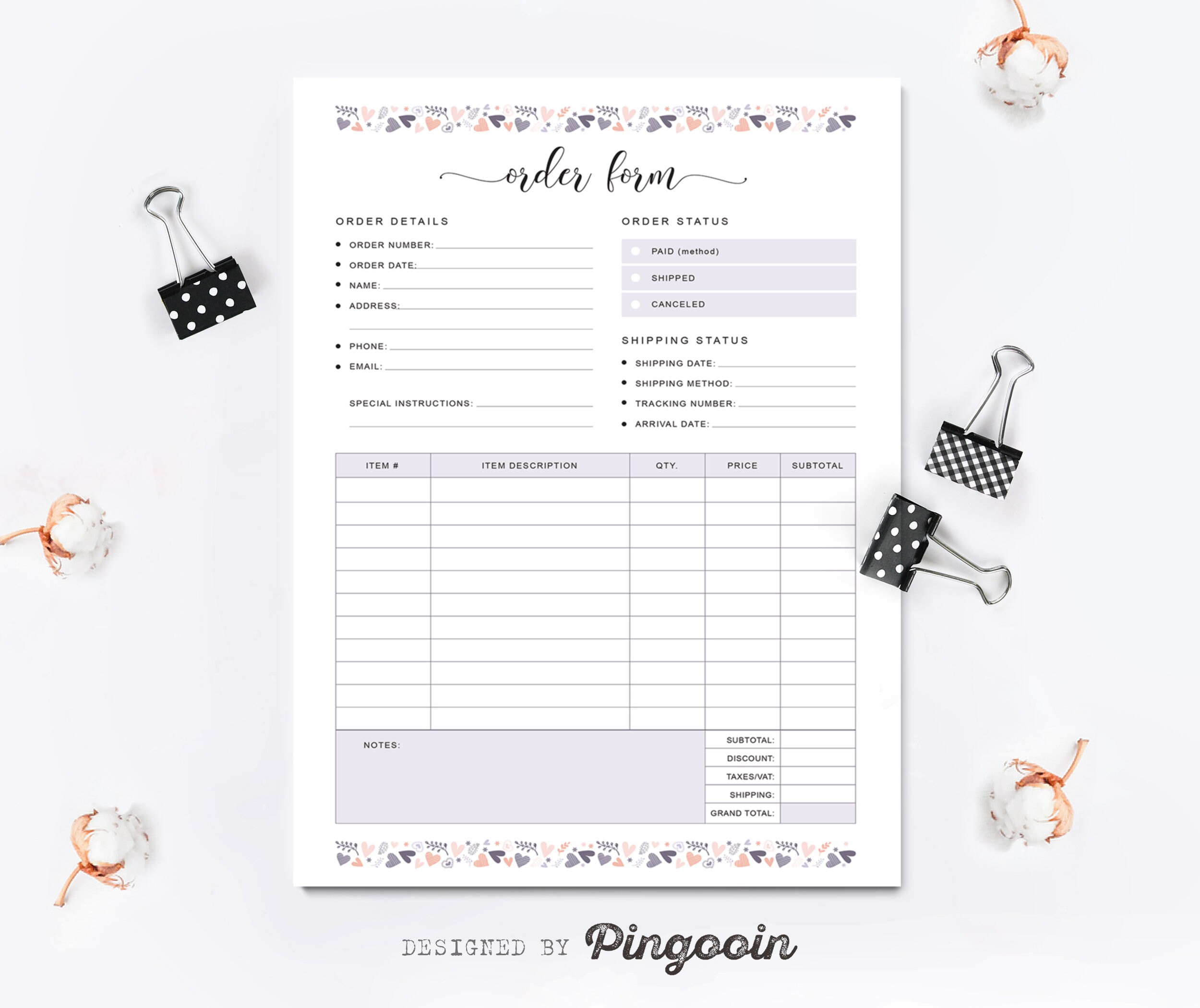 Order form template. Order status. Etsy order form. Small Etsy