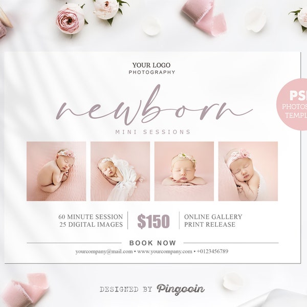 Newborn mini session template. Mini session marketing board. Newborn photography price list template. Photography prints. PSD template. MS63