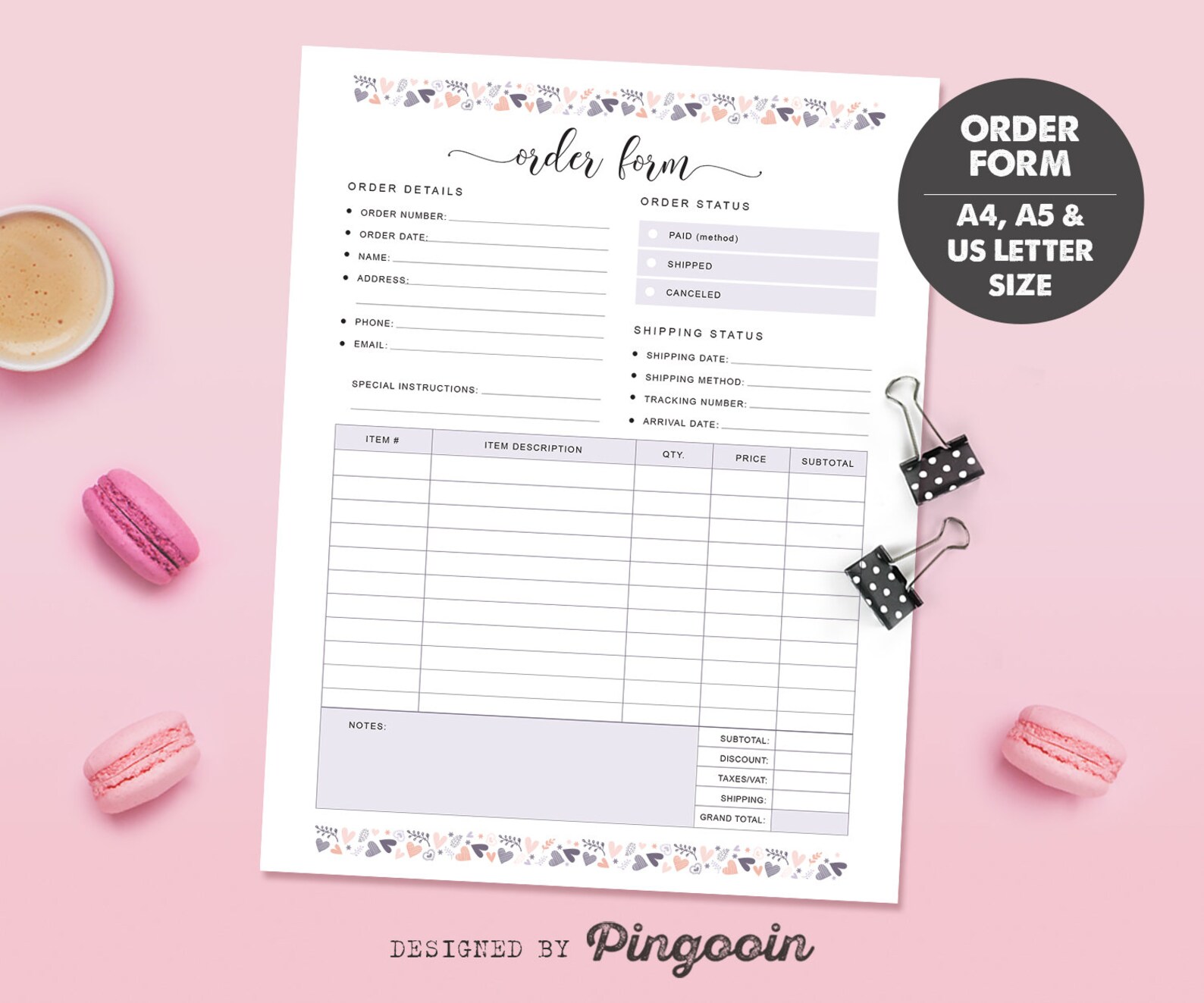 Order form template. Order status. Etsy order form. Small Etsy