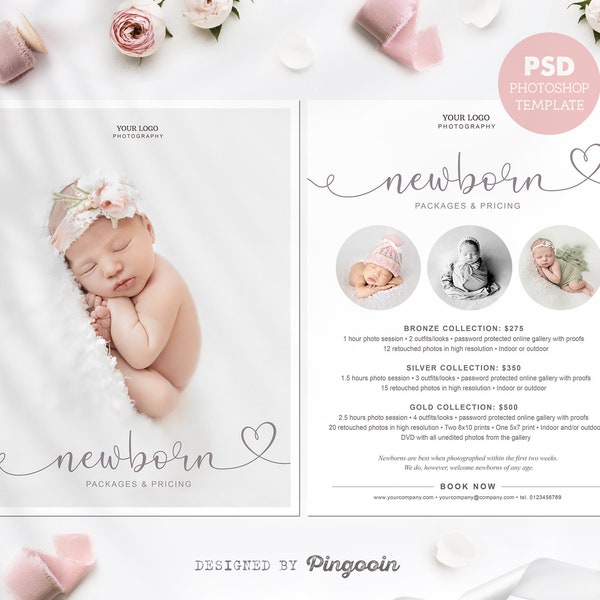 Newborn photography price list template. Newborn mini session. Newborn pricing guide. Photography prints. Photography PSD price list. PLT105