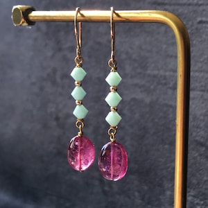 Rubellite tourmaline crystal earrings with Swarovski elements