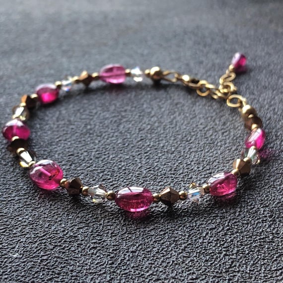 ルベライトトルマリンブレスレット、スワロフスキークリスタル、14K