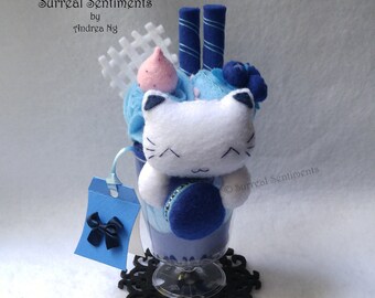 Cat Owner Gift - Blueberry Macaron Cat Felt Sundae: - Kawaii Dessert Shelf Sitter - Cake Display