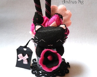 Gothic Black Cat Strawberry Parfait Plush, Kawaii Goth Home Decor - Punk Rock