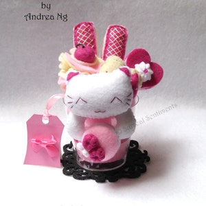 Gato branco rosa framboesa banana parfait feltro sobremesa decoração macaron gato amante presente kawaii gato pelúcia feltro gato boneca fofo sobremesa coração bonito