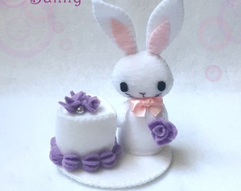 White Rabbit Rose Cake Shelf Display Felt Sentimental Gift Heart Cake Beatrix Potter Inspired  Bunny Bow Tie Lavender Rose Gift Sweet Gift