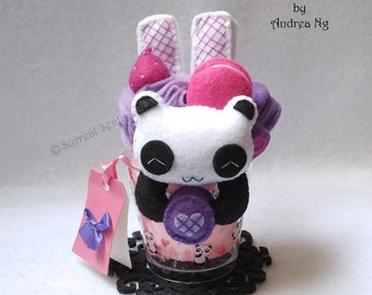 Panda Tasse aus Filz für Erdbeer-Parfait: Kawaii Früchte und Macaron Art