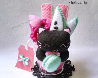 Strawberry Apple Black Cat Parfait Black Cat Pink Green Macaron Plush Strawberry Green Apple Cat Plush Black Cat Lover Black Pink Room Decor