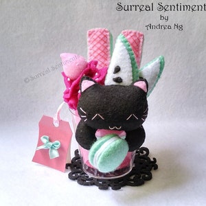 Strawberry Apple Black Cat Parfait Black Cat Pink Green Macaron Plush Strawberry Green Apple Cat Plush Black Cat Lover Black Pink Room Decor