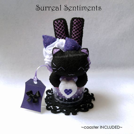 Purple Strawberry Black Cat Parfait Pastel Goth Cat Plush Cat Decor Kawaii Gothic Lolita Alternative Punk Girl Cute Goth Decor Cat Gift