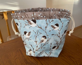 Blue background chickadee drawstring project bag