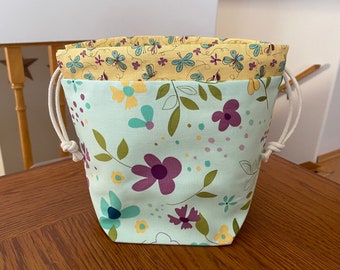 Mint floral drawstring sock sack project bag.