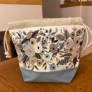 Multi floral rifle paper and blue corduroy drawstring project bag image 1