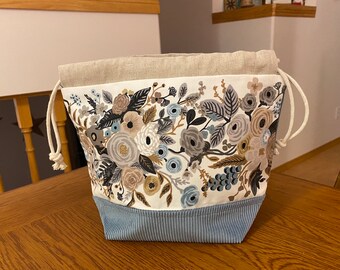 Multi floral rifle paper and blue corduroy drawstring project bag