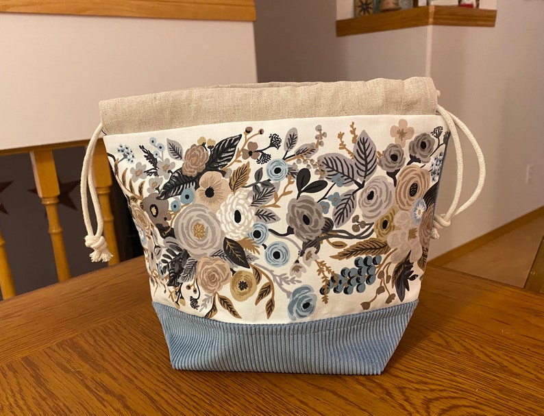 Multi floral rifle paper and blue corduroy drawstring project bag image 1