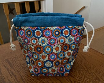 Hexagon granny square sock sack drawstring project bag