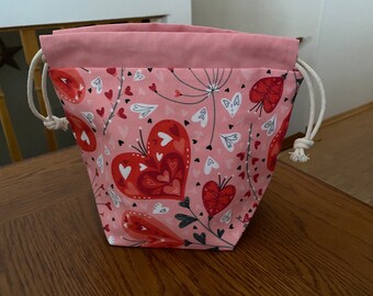 Pink with red heart Valentine sock sack drawstring project bag