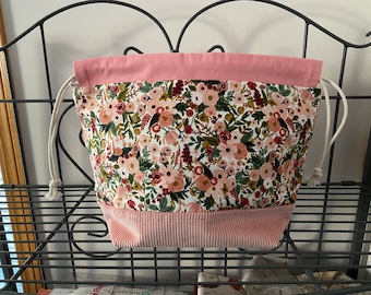 Pink flower/corduroy drawstring project bag
