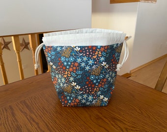 Blue floral sock sack drawstring  project bag.