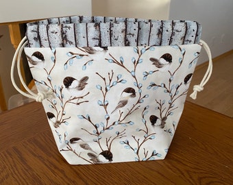 White background chickadee drawstring project bag