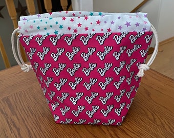 Pink Barbie sock sack drawstring  project bag.