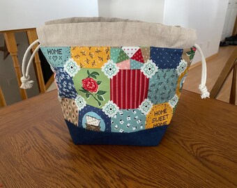 Faux patchwork and jean drawstring project bag