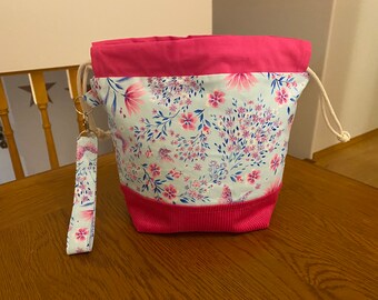 CLEARANCE. Blue fabric with pink flowers and butterflies and pink corduroy bottom drawstring bag with wrist strap