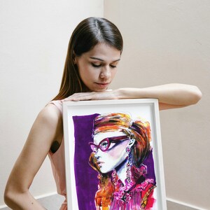 Fashion Girl Watercolor Poster, Pink and purple drawing, Stylish Woman with glasses, Art Print A3, feminine art, limited edition gicle image 2