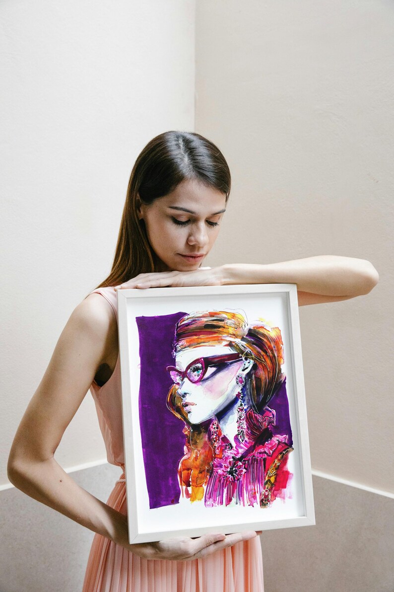 Fashion Girl Watercolor Poster, Pink and purple drawing, Stylish Woman with glasses, Art Print A3, feminine art, limited edition gicle image 2