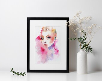 Mia. fashion illustration Art Print, small - A4, Pink and veri peri violet, limited edition poster, watercolor woman portrait