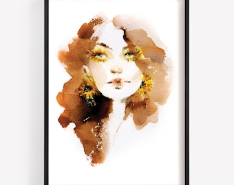 Sunflower girl. fashion illustration Art Print, large - 36 x 51 cm, limited edition