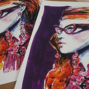 Fashion Girl Watercolor Poster, Pink and purple drawing, Stylish Woman with glasses, Art Print A3, feminine art, limited edition gicle image 4