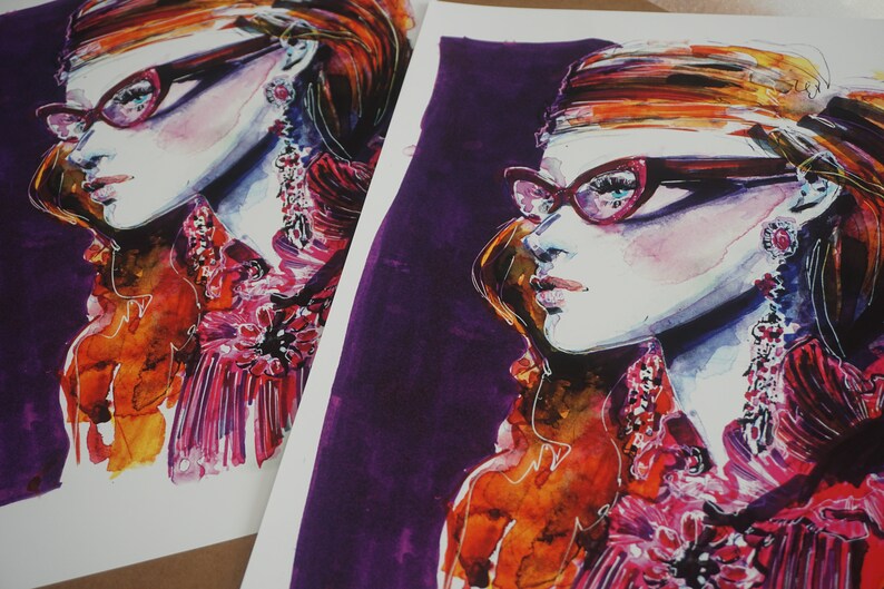 Fashion Girl Watercolor Poster, Pink and purple drawing, Stylish Woman with glasses, Art Print A3, feminine art, limited edition gicle image 4