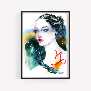 May include: Watercolour painting of a woman with long dark hair and a red Capricorn zodiac symbol on her shoulder. The background is a colourful abstract design with blue, green, and yellow hues.
