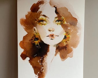 Sunflower girl. fashion illustration Art Print, small - A4, watercolor portrait painting of a woman, limited edition poster