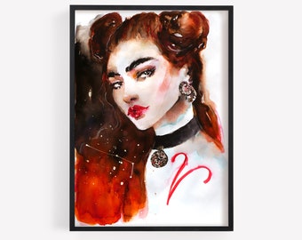 Zodiac sign Aries Goddess Original watercolor painting on paper, unframed artwork gift for astrology lovers,
