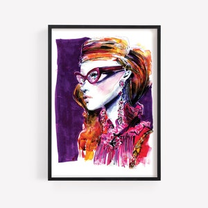 Fashion Girl Watercolor Poster, Pink and purple drawing, Stylish Woman with glasses, Art Print A3, feminine art, limited edition gicle image 1