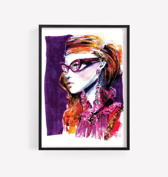 Fashion Girl Watercolor Poster, Pink and purple drawing,  Stylish Woman with glasses,  Art Print A3, feminine art, limited edition gicle