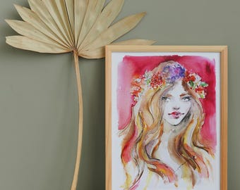 Girl with a flower crown, Original Watercolor Art, Fashion Style Portrait in Pink, White, Purple, Black, Beautiful Woman Drawing